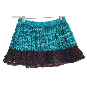 Handmade 70s‎ Boho Hippie Granny Cottagecore Crochet Knit Mini Skirt SMALL Blue